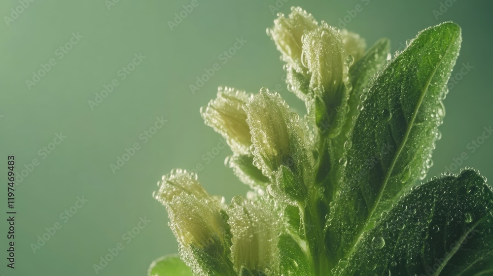 Close-up of dew-covered green leaves and white flowers with soft focus background and Copy Space for text insertion. Close-up of dew-covered green leaves and white flowers with soft focus background and Copy Space for text insertion.
