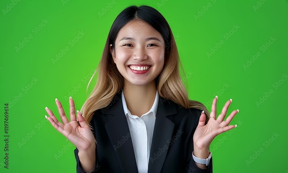 Happy businesswoman, green screen, studio, presentation Happy businesswoman, green screen, studio, presentation