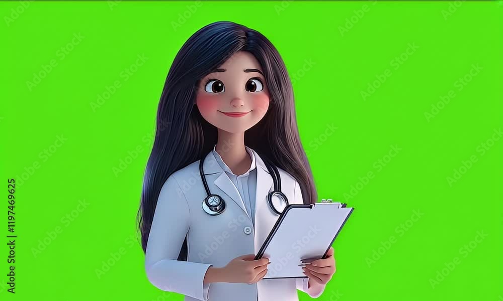 Cartoon doctor reviewing notes, green screen, healthcare Cartoon doctor reviewing notes, green screen, healthcare