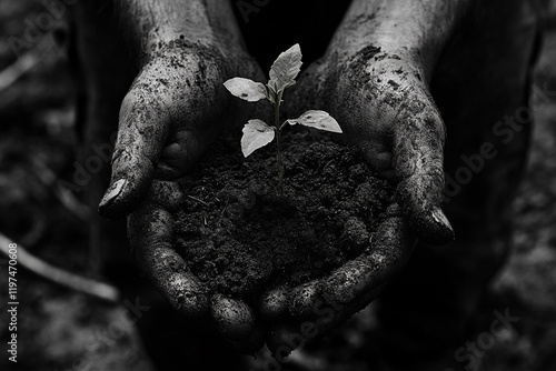 Hands holding rich soil with a small sprouting plant in natural light