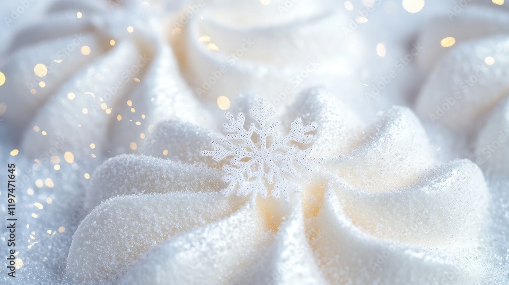 Close-up of white meringue cookies with sugar crystals and a snowflake decoration on a snowy background Copy Space Close-up of white meringue cookies with sugar crystals and a snowflake decoration on a snowy background Copy Space