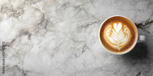 Coffee cup with latte art on marble countertop with copy space for text usage photo