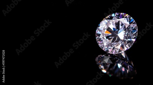 Brilliant diamond on a black background with reflection and ample copy space for text placement. photo