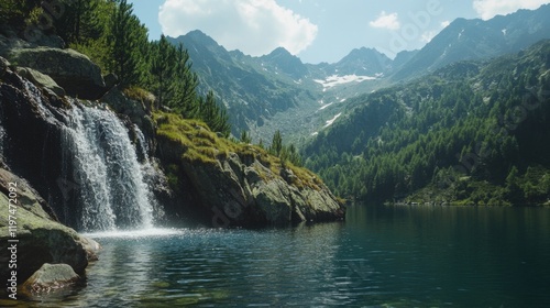 Mountain lake landscape with waterfall and lush greenery under a sunny sky Copy Space