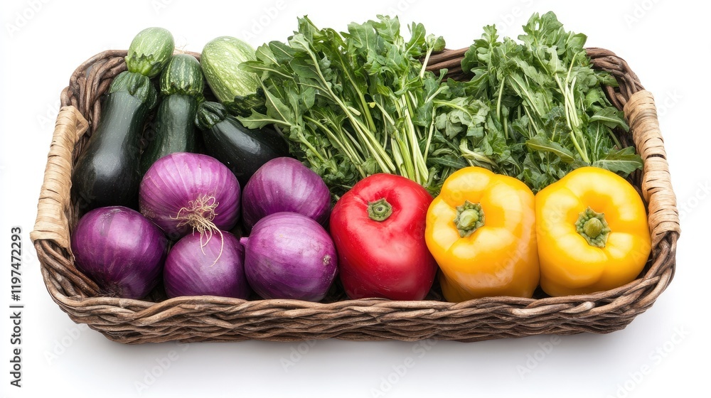 Fresh assorted vegetables including zucchini, red and yellow bell peppers, purple onions, and leafy greens in a wicker basket with Copy Space Fresh assorted vegetables including zucchini, red and yellow bell peppers, purple onions, and leafy greens in a wicker basket with Copy Space