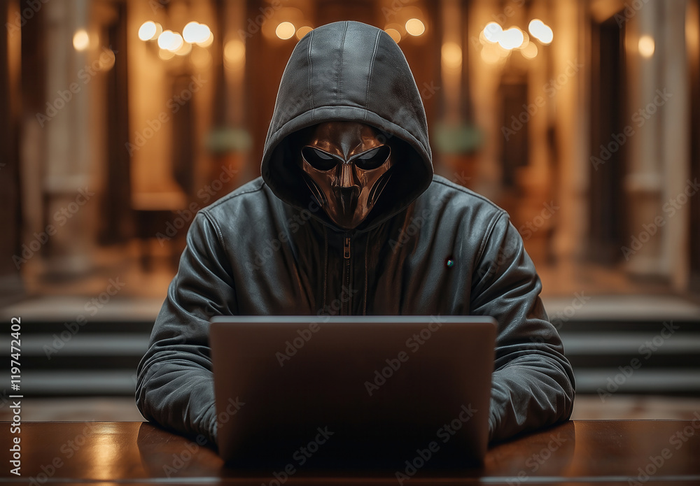 A hacker with a mask covering his face works on a laptop. A hacker with a mask covering his face works on a laptop.