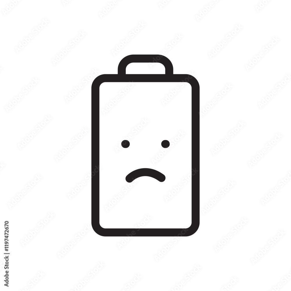 Battery icon with a sad face, representing low power or drained energy. Perfect for tech interfaces, apps, and energy-related visuals. Modern and expressive vector design. Battery icon with a sad face, representing low power or drained energy. Perfect for tech interfaces, apps, and energy-related visuals. Modern and expressive vector design.