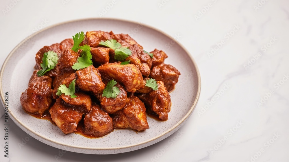 Delicious cooked meat garnished with fresh herbs on a plate with copy space on marble background Delicious cooked meat garnished with fresh herbs on a plate with copy space on marble background