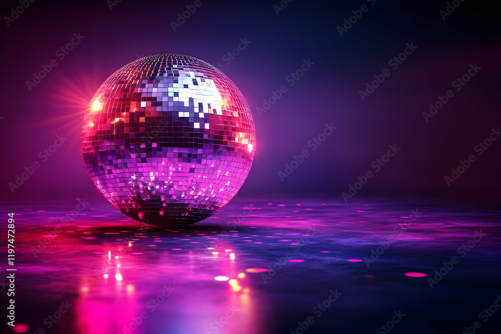 Obraz premium Disco ball reflects neon lights, party floor