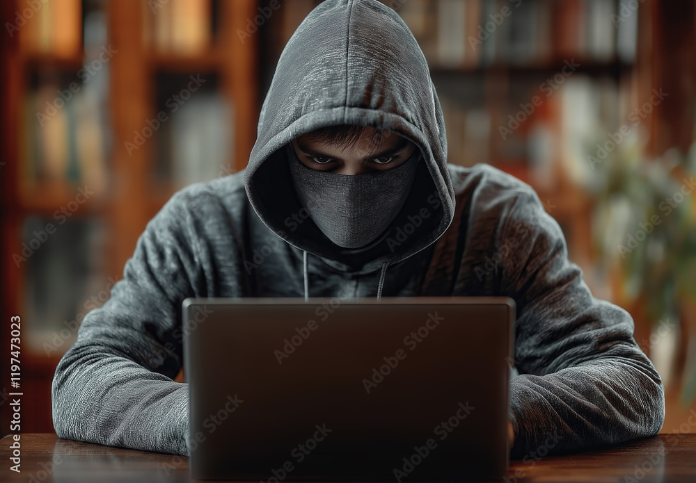 A hacker with a mask covering his face works on a laptop. A hacker with a mask covering his face works on a laptop.