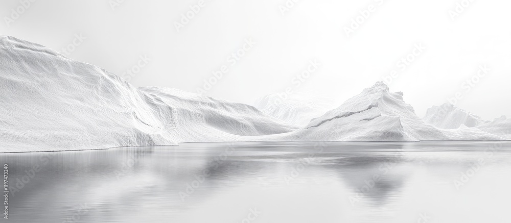 Minimalist winter landscape with snow-covered mountains and calm water reflecting white tones Copy Space Minimalist winter landscape with snow-covered mountains and calm water reflecting white tones Copy Space