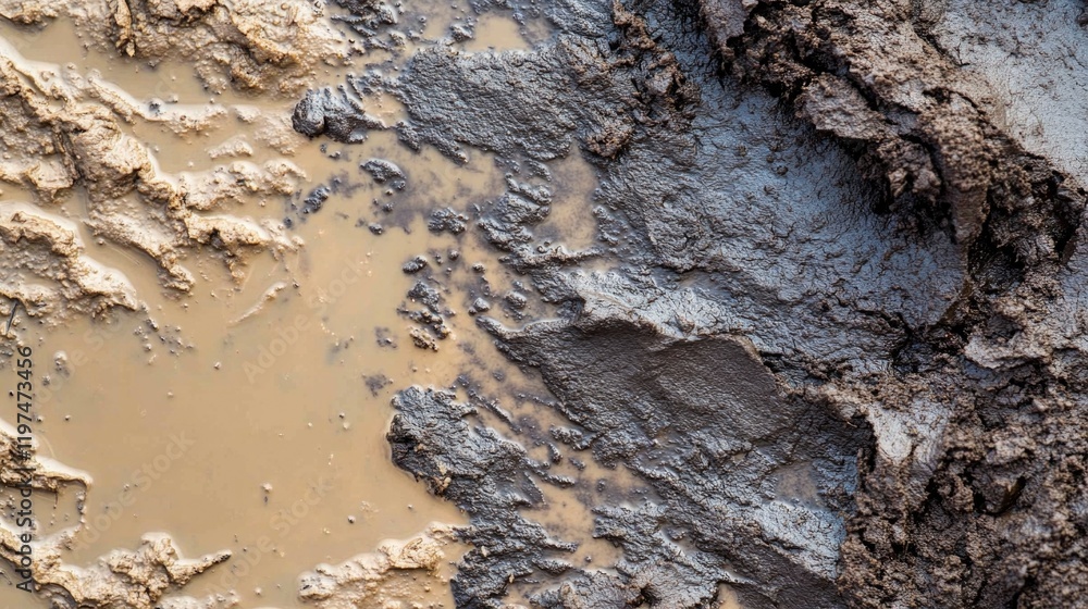 Mud textures with varying shades of brown and gray showcasing wet soil patterns, including deep ruts and shallow puddles, Copy Space Mud textures with varying shades of brown and gray showcasing wet soil patterns, including deep ruts and shallow puddles, Copy Space