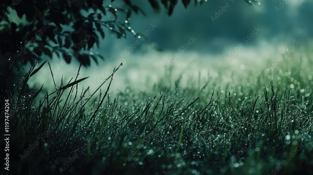 Dew covered grass in a peaceful, misty landscape with soft lighting and blurred background. Copy Space available for text placement. Dew covered grass in a peaceful, misty landscape with soft lighting and blurred background. Copy Space available for text placement.