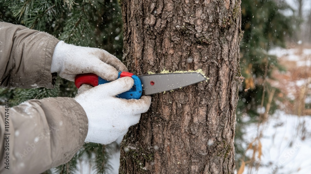 Naklejka premium Close-up of hands using an electric tree pruner on a white birch trunk surrounded by green foliage in a garden setting