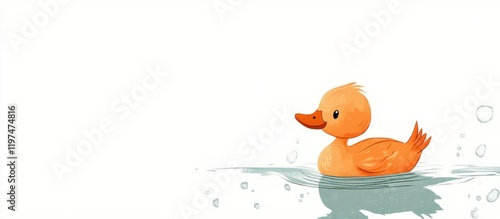 Cute cartoon duck swimming in a calm water background with ample copy space for text placement. Ideal for children's themes and designs. photo