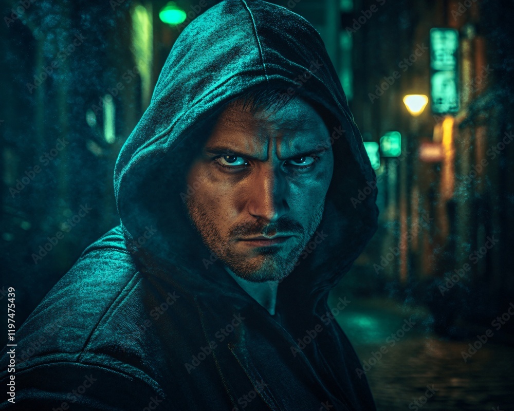 Mysterious Man in Hooded Sweatshirt at Night, Urban Street Scene, Dark Moody Portrait Mysterious Man in Hooded Sweatshirt at Night, Urban Street Scene, Dark Moody Portrait