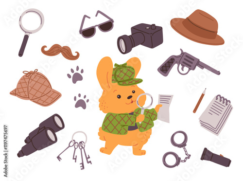 Illustration of a detective bunny set with accessories and equipment for detective work.