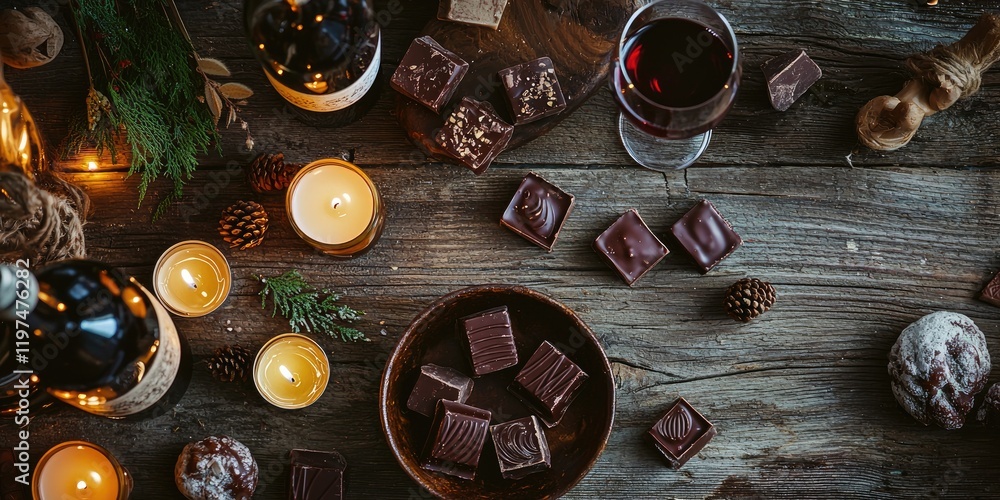 A romantic flat-lay of chocolates, candles, and wine on a rustic wooden table. A romantic flat-lay of chocolates, candles, and wine on a rustic wooden table.