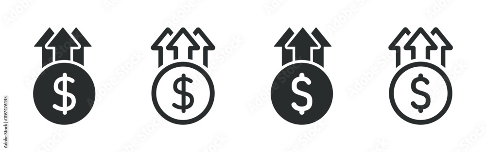 Dollar rate increase vector icon set. Rise cost vector illustration. Business money increase vector signs set Dollar rate increase vector icon set. Rise cost vector illustration. Business money increase vector signs set