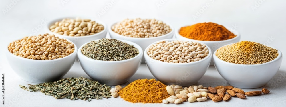 Variety of spices and seeds in white bowls on a light background with copy space for text Variety of spices and seeds in white bowls on a light background with copy space for text