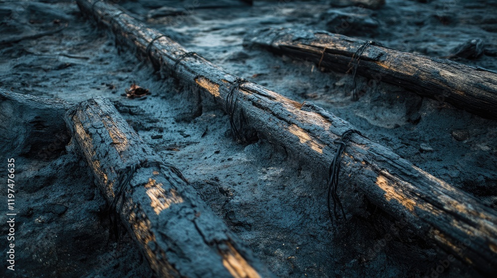 Old wooden logs covered in mud and debris in a low-light environment with Copy Space for text. Old wooden logs covered in mud and debris in a low-light environment with Copy Space for text.