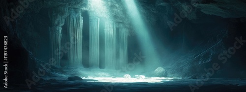 Waterfall in dark cave illuminated by beams of light with mist reflecting on water surface Copy Space
