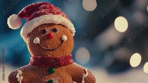 Wallpaper Mural Gingerbread man wearing a Santa hat with festive decorations and bokeh lights in the background suitable for holiday-themed designs Copy Space Torontodigital.ca