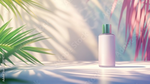 Cosmetic bottle on a white surface surrounded by colorful palm leaves with soft shadows and blurred background, ideal for product display Copy Space