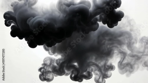 Dark Smoke Swirl: Abstract image of a dark, swirling smoke cloud against a light background, creating a dramatic and moody atmosphere. The texture is rich and detailed.