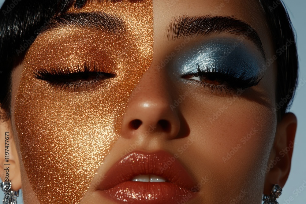 Fototapeta premium Beauty and glamour captured in contrasting makeup styles with shimmering bronze and vibrant blue hues on model's face