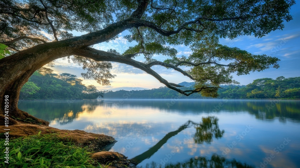 A calm riverbank scene with a tree branch bending over the water, offering a natural and soothing sight. A calm riverbank scene with a tree branch bending over the water, offering a natural and soothing sight.