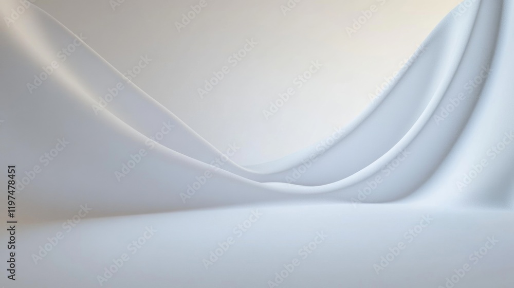 Obraz premium Smooth white fabric draping elegantly with soft curves and gentle folds on a neutral background, providing ample Copy Space for text placement.