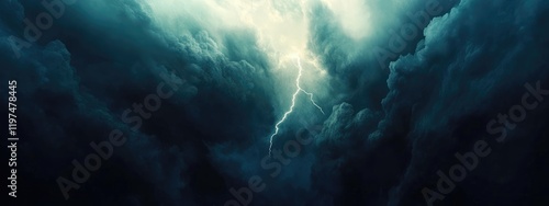 Dramatic thunderstorm clouds with bright lightning strike illuminating the sky Copy Space