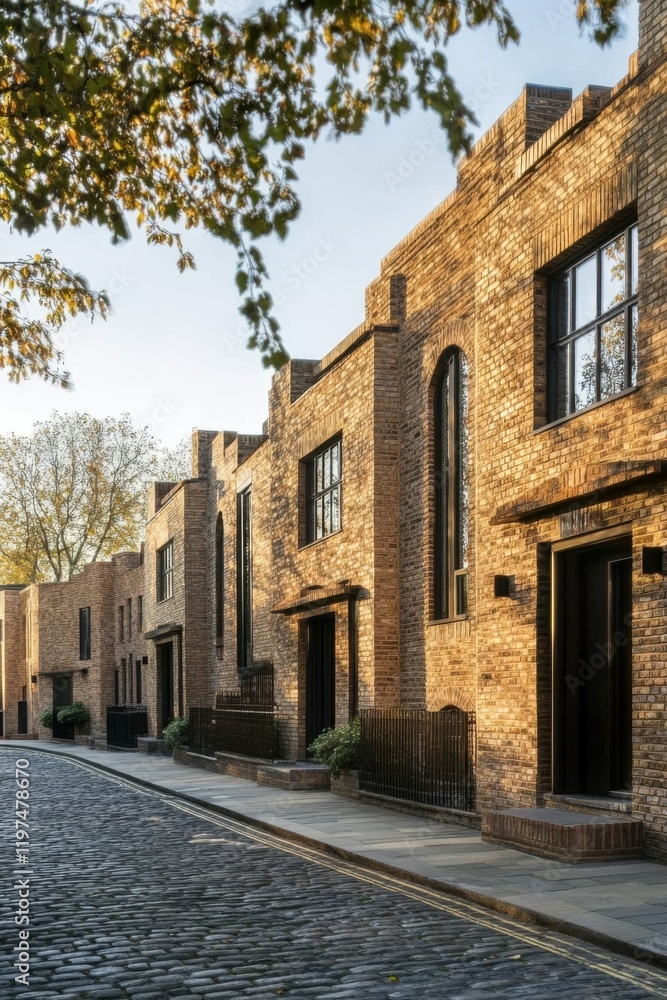 Historic brick buildings line a cobblestone street in a tranquil neighborhood during the golden hour, showcasing charming architecture and lush trees Historic brick buildings line a cobblestone street in a tranquil neighborhood during the golden hour, showcasing charming architecture and lush trees