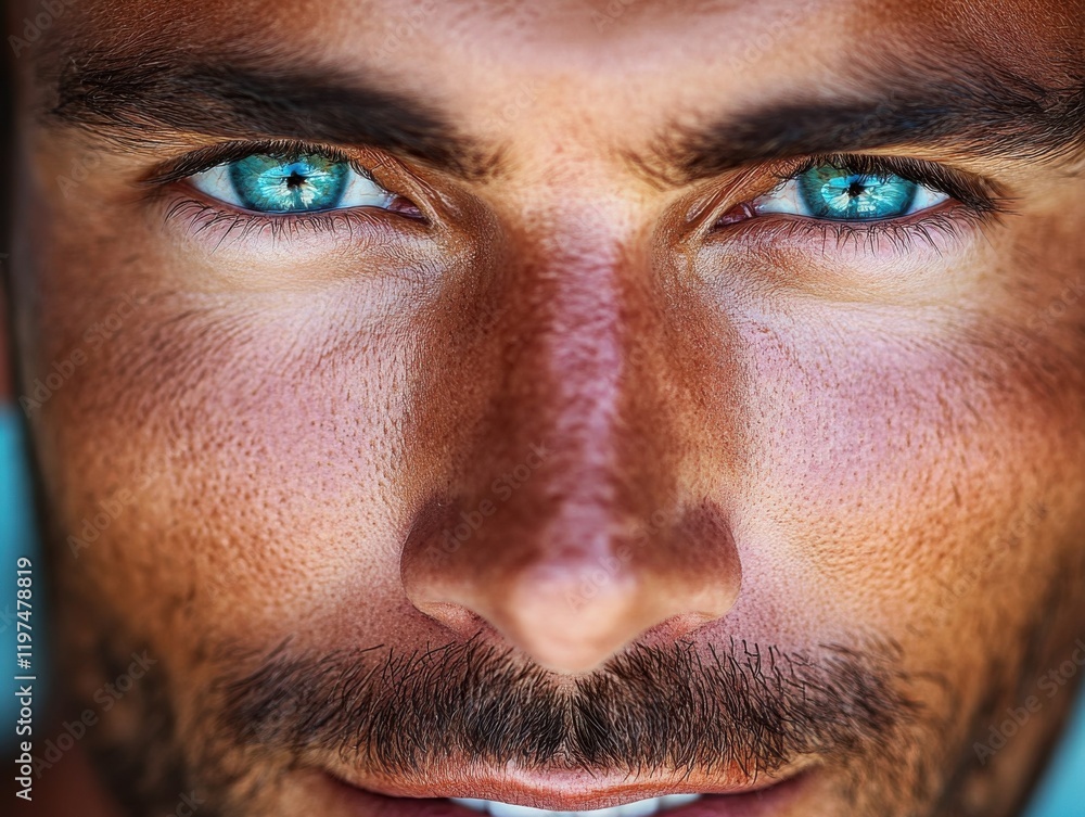 Close-up of a man with striking blue eyes and tan skin showcasing a confident expression against a neutral background Close-up of a man with striking blue eyes and tan skin showcasing a confident expression against a neutral background
