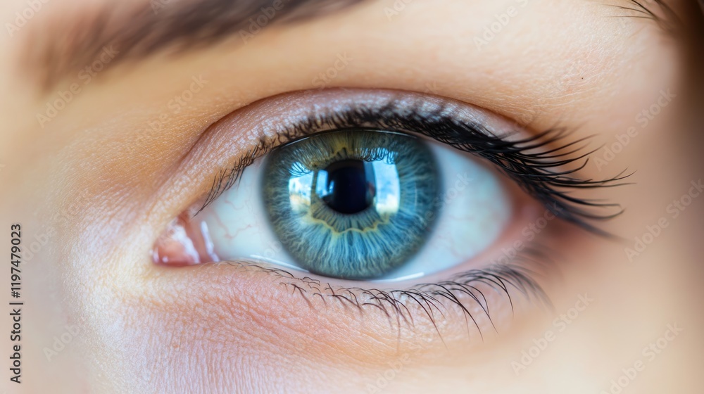 Close-up of a human eye with striking blue iris and detailed eyelashes showcasing natural beauty and texture with Copy Space available for text. Close-up of a human eye with striking blue iris and detailed eyelashes showcasing natural beauty and texture with Copy Space available for text.