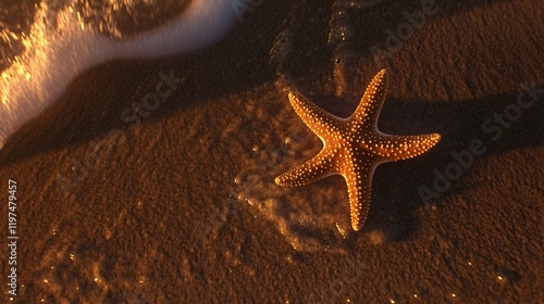 Golden Starfish on Sandy Beach at Sunset photo