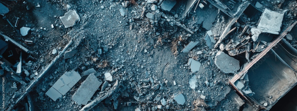 Aerial view of urban debris and rubble from a demolished building with scattered materials and destruction visible Copy Space Aerial view of urban debris and rubble from a demolished building with scattered materials and destruction visible Copy Space