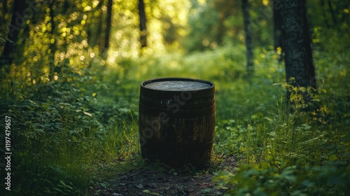 Wooden barrel in a forest surrounded by greenery with soft lighting and Copy Space for text placement photo