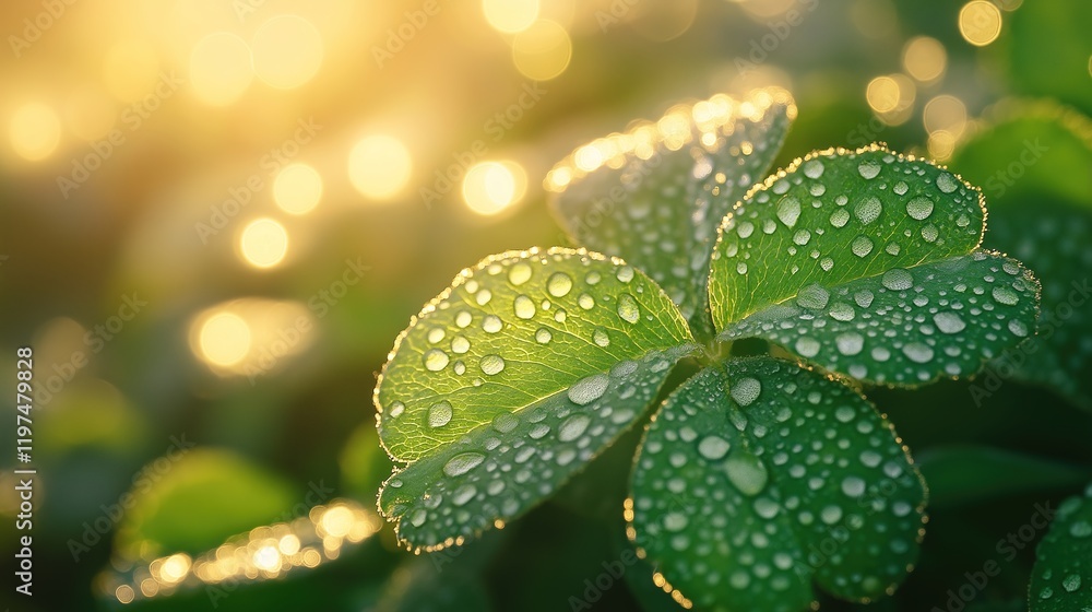 Vibrant green clover with dew drops bathed in golden sunlight, symbolizing luck and renewal in nature's embrace. Vibrant green clover with dew drops bathed in golden sunlight, symbolizing luck and renewal in nature's embrace.