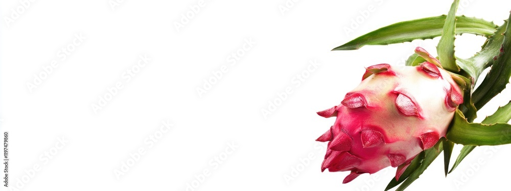 Fototapeta premium Dragon fruit with green leaves on white background Copy Space