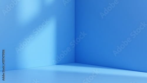 Interior corner wall room blue 3d background of abstract window light stage scene or empty product studio showroom display and blank presentation podium pedestal platform perspective table backdrop.