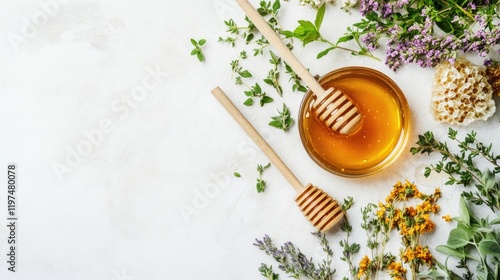 Honey and assorted herbs with wooden drizzlers on a light background ideal for wellness or culinary themed designs Copy Space photo