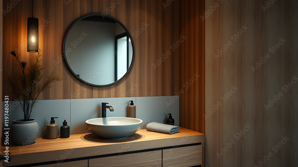 Fototapeta premium Serene Minimalist Bathroom: A calming and stylish bathroom interior featuring a minimalist design with a round mirror, light wood vanity, and a round sink.