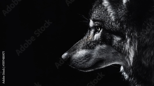 Wolf portrait in profile against a dark background showcasing detailed fur texture and focused gaze with Copy Space for text placement.