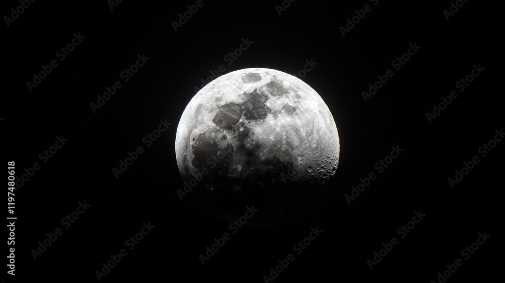 Fototapeta premium Moon close-up in a clear night sky displaying surface details and craters, ideal for astronomy themes and space exploration concepts. Copy Space.