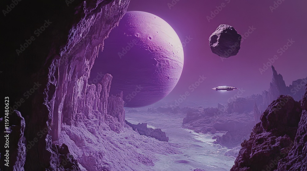 Fototapeta premium A purple alien planet with huge rocks floating in the sky