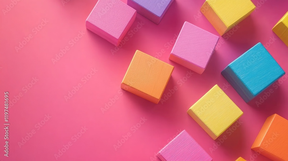 Colorful wooden blocks arranged randomly on a pink background with ample copy space for text insertion. Colorful wooden blocks arranged randomly on a pink background with ample copy space for text insertion.
