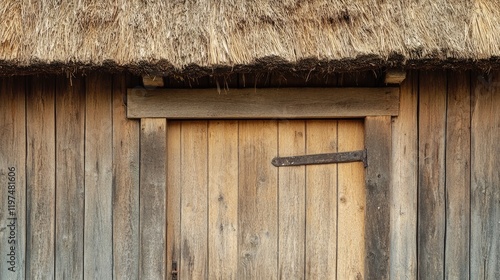 Old wooden barn door with thatched roof and rustic wooden texture Copy Space photo