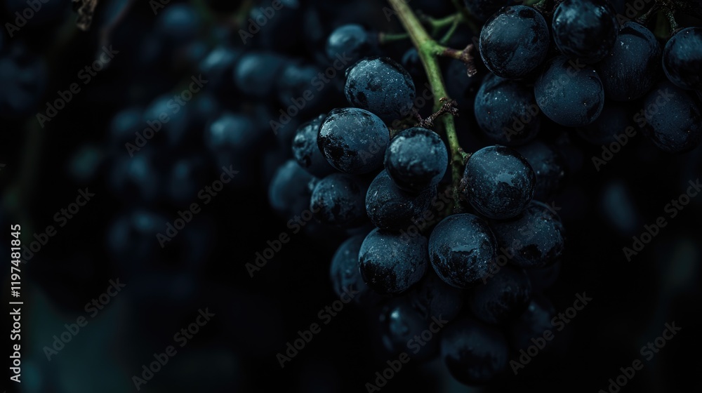 Fototapeta premium Freshly harvested black grapes with water droplets on dark background featuring ample copy space for text insertion.